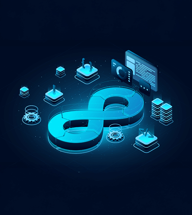 DevOps and CI/CD solutions illustrating automated software development, testing, and deployment workflows