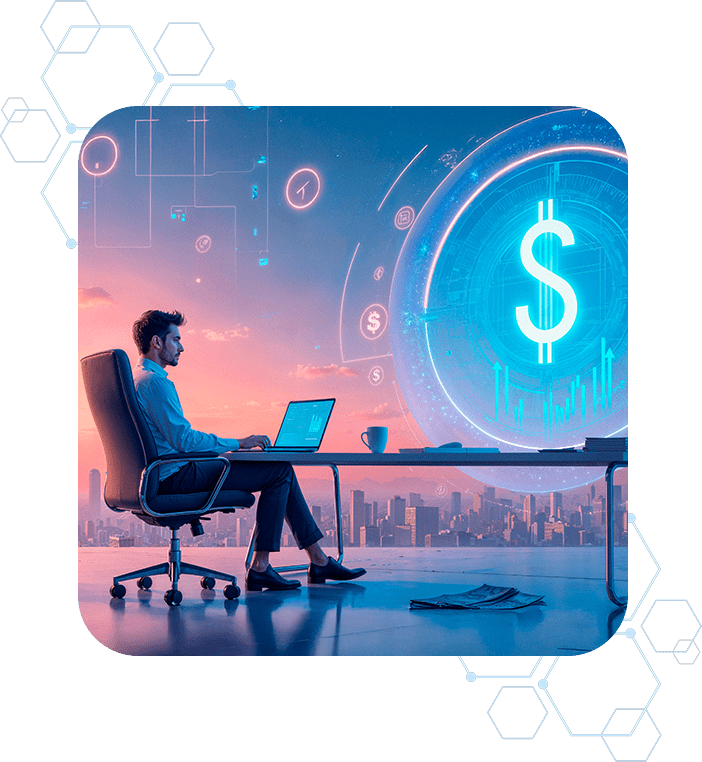 Business leader analyzing technology investments and ROI through digital insights.