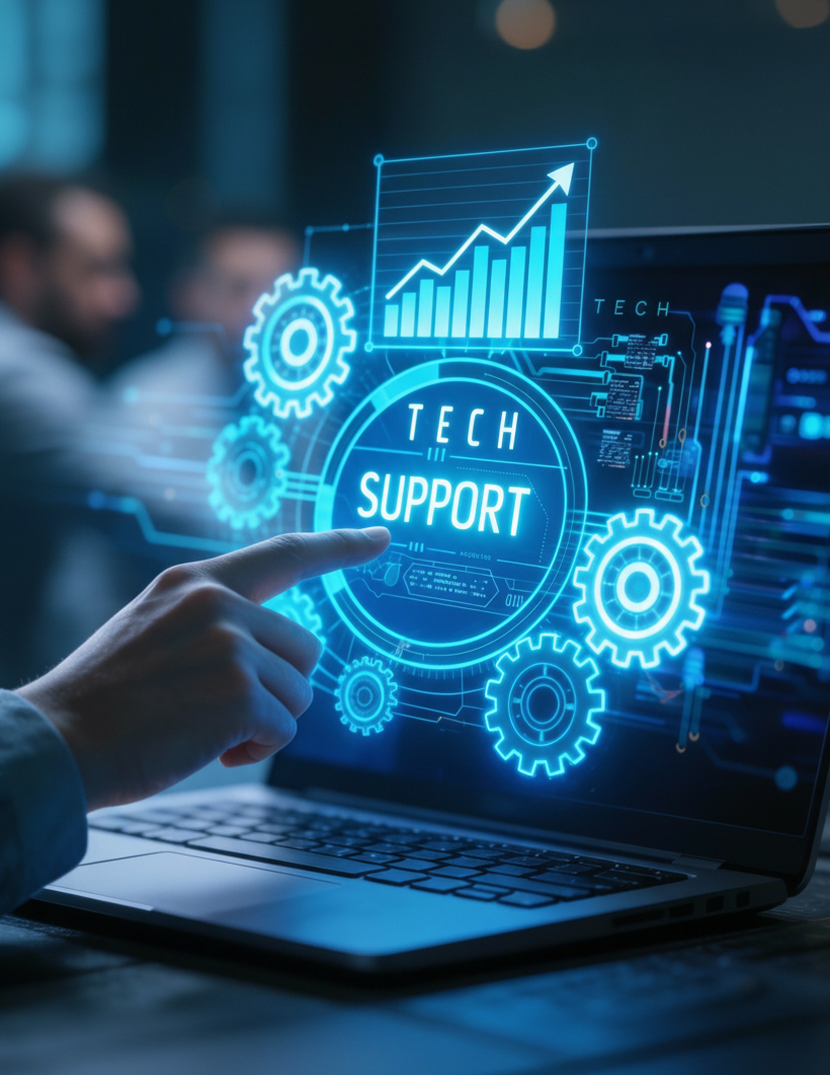 Technical support dashboard showing incident resolution, system troubleshooting, and performance monitoring