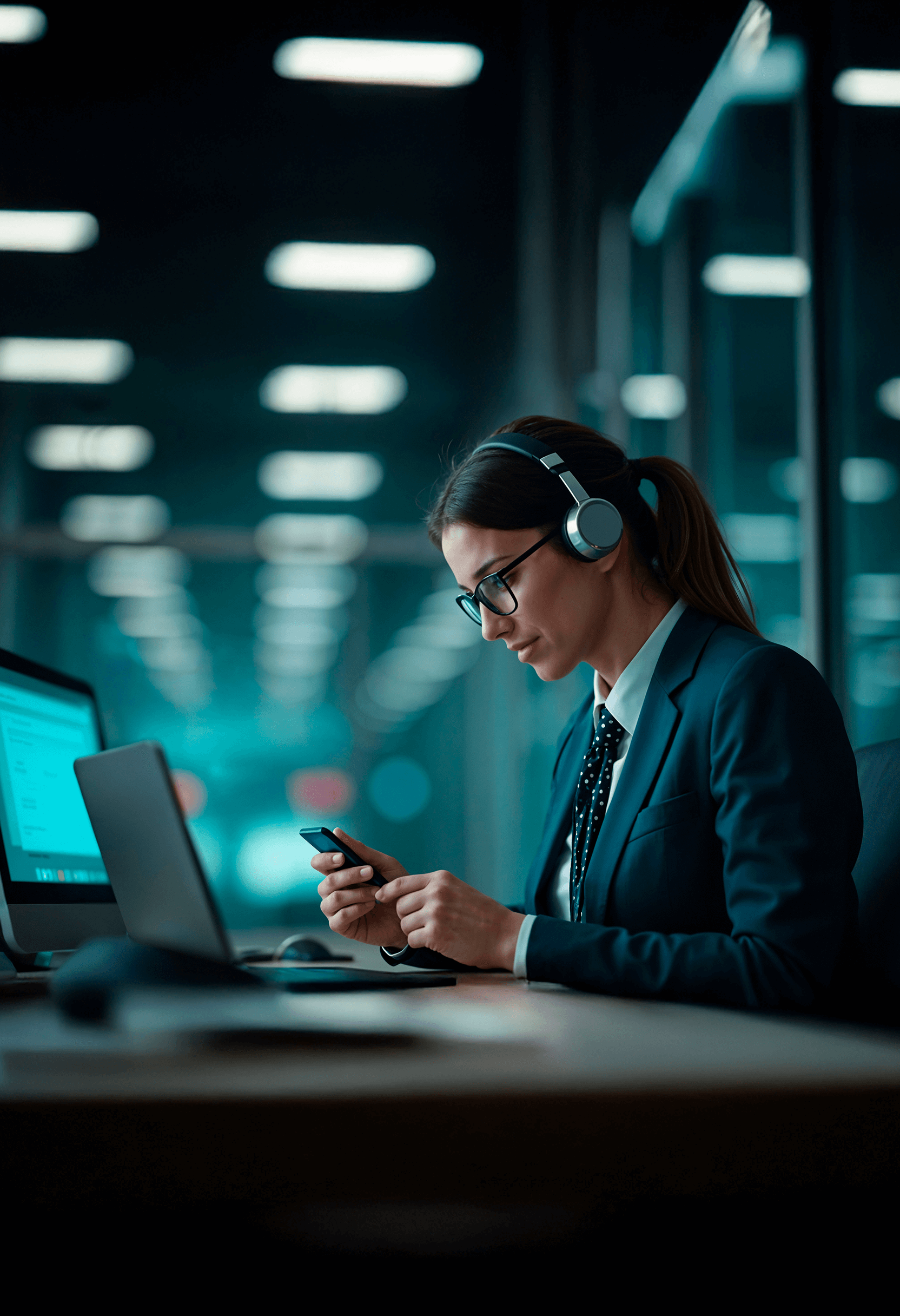 Service desk professional handling email and ticket-based support using a laptop and mobile device in a modern office.
