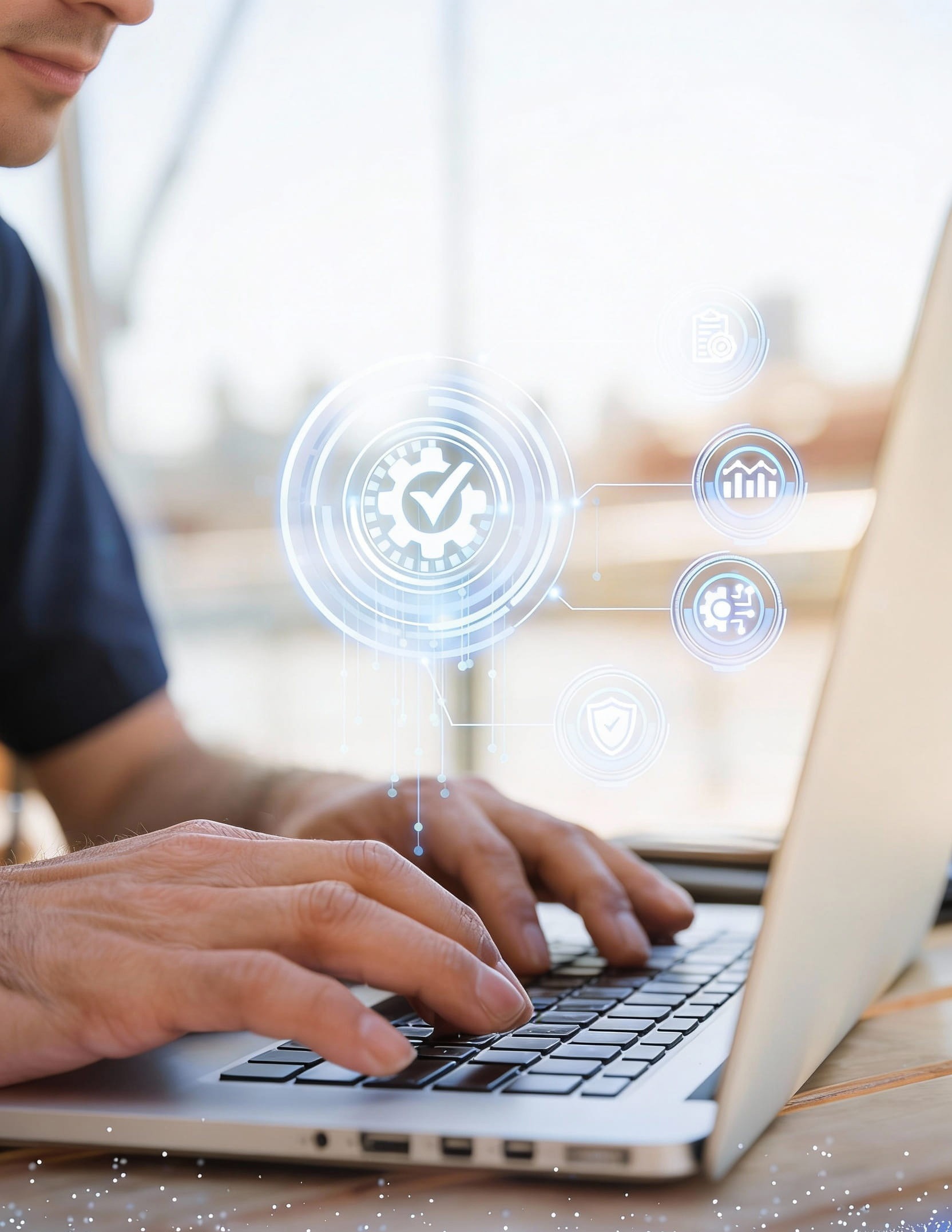 Technical support and system monitoring shown through digital interface on a laptop