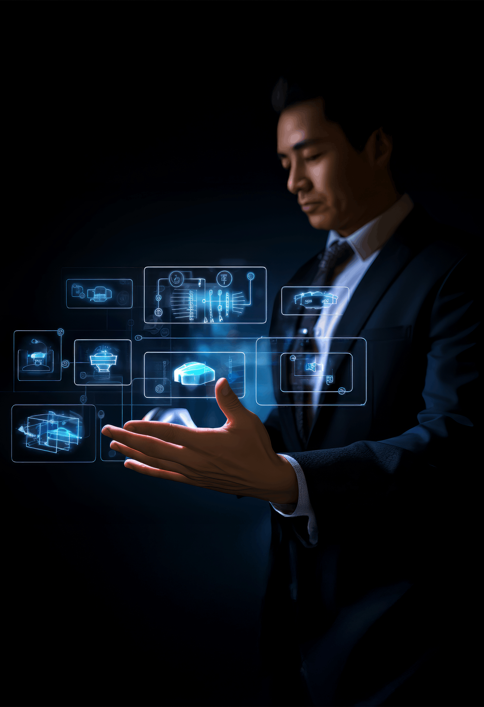Business professional interacting with digital workflow dashboards, representing end-to-end delivery visibility across software development and delivery processes.
