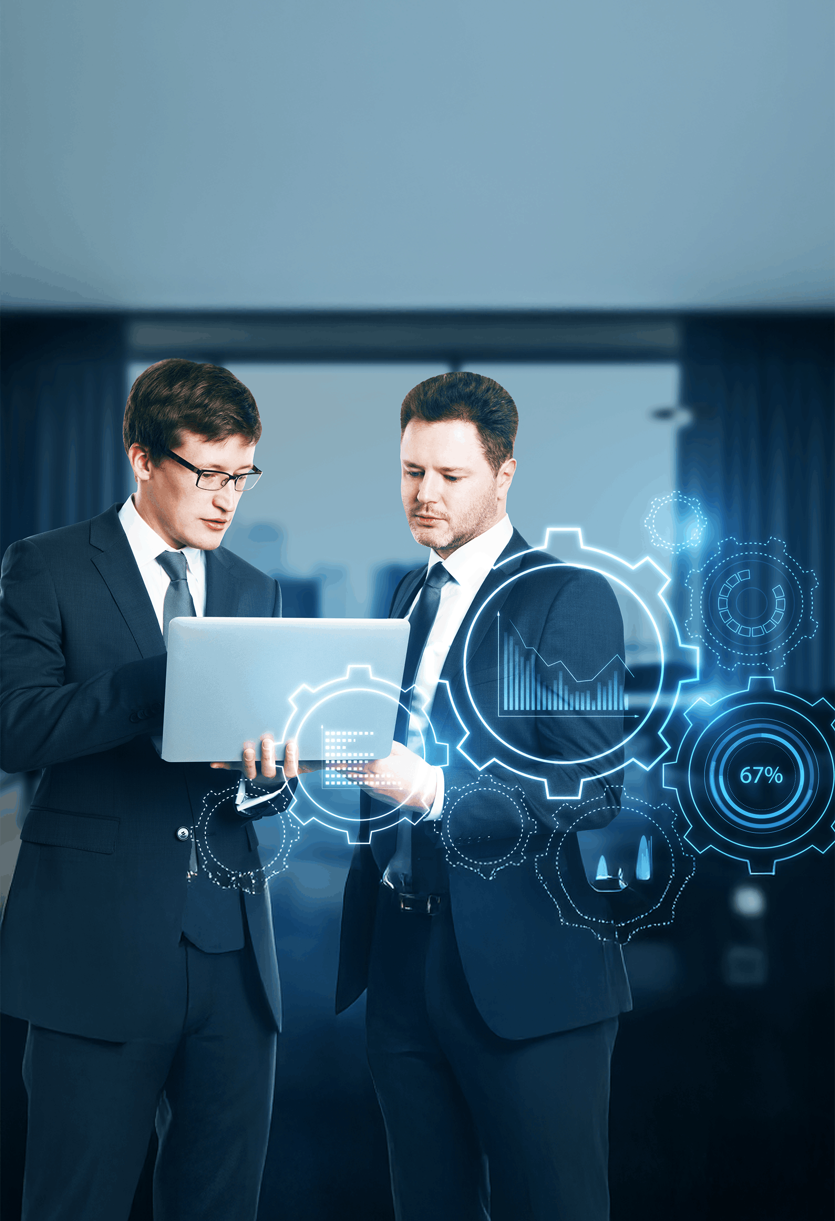 Two business professionals reviewing analytics on a laptop, representing strategic consulting and workflow optimization.