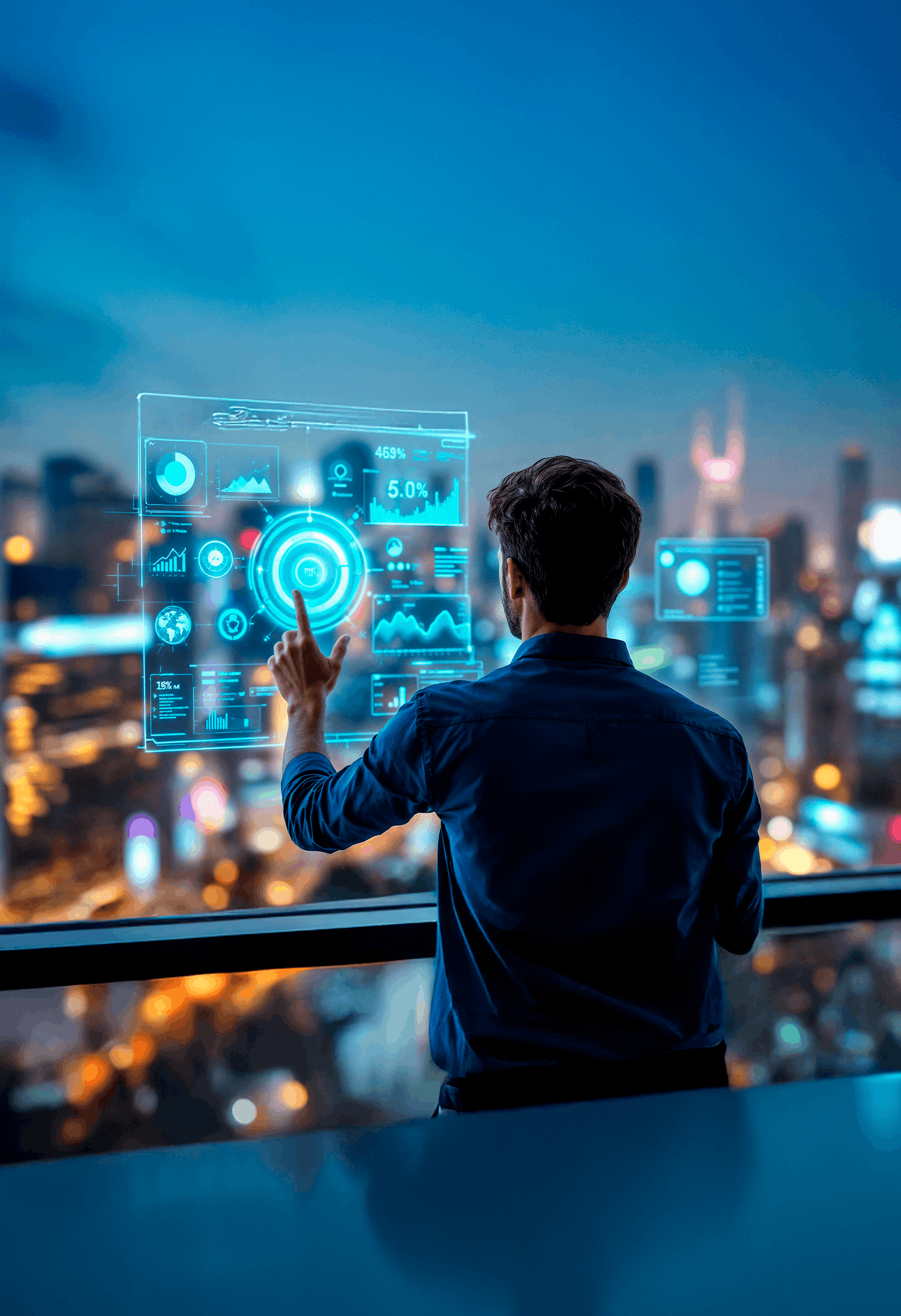 User interacting with scalable digital service dashboards.