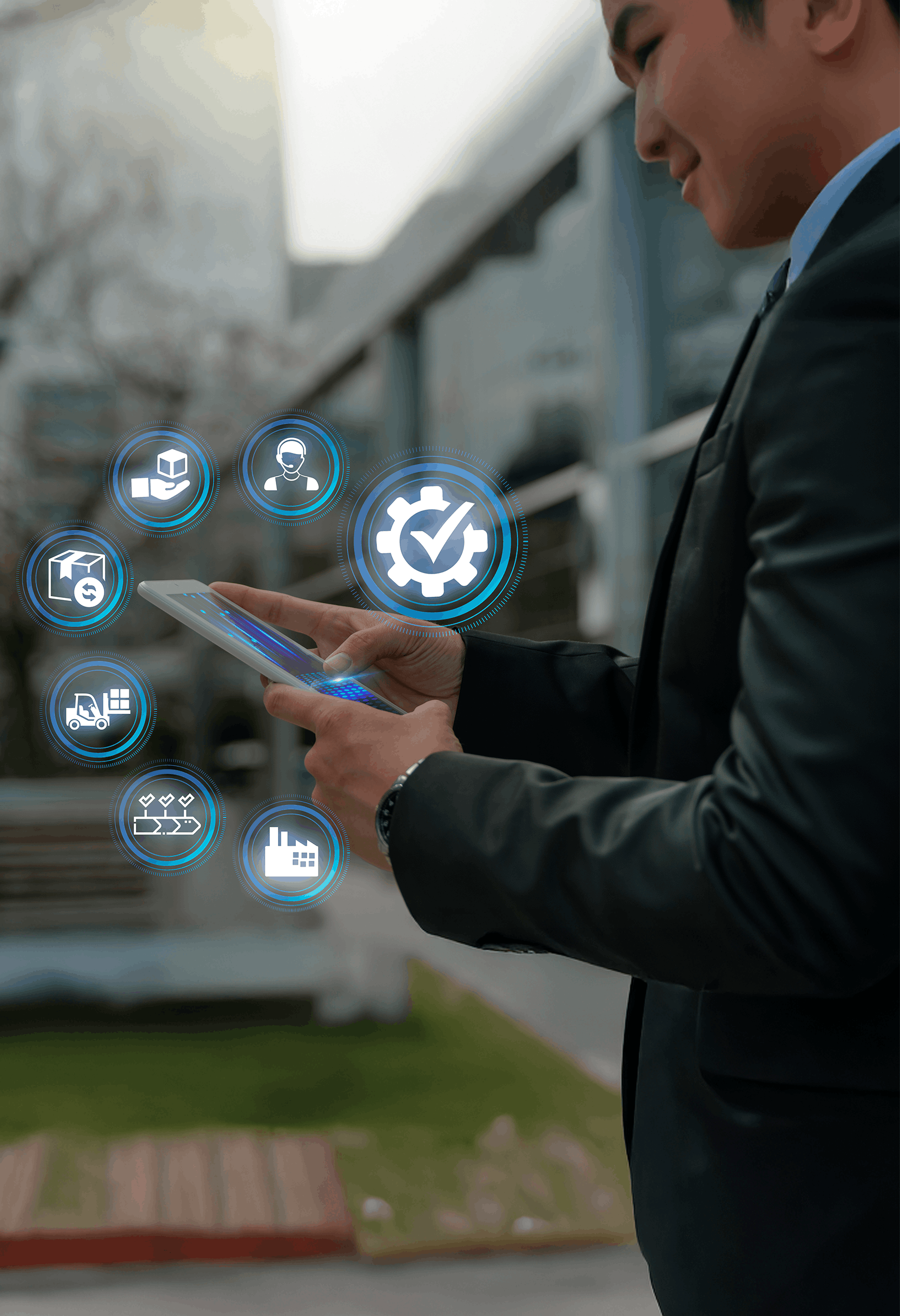 Business professional using a tablet with service management icons, illustrating enterprise service delivery and operational excellence.