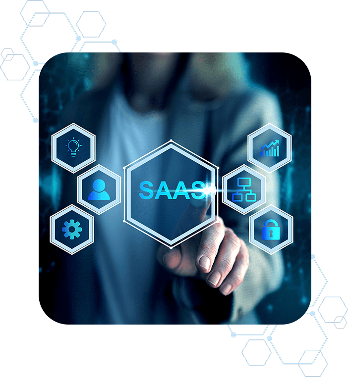 SaaS software platform interface showing cloud technology, analytics, security, and business automation icons