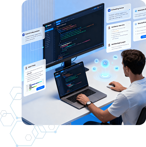 Developer using Atlassian tools like Jira and Confluence with AI assistance to support Atlassian-powered software delivery.