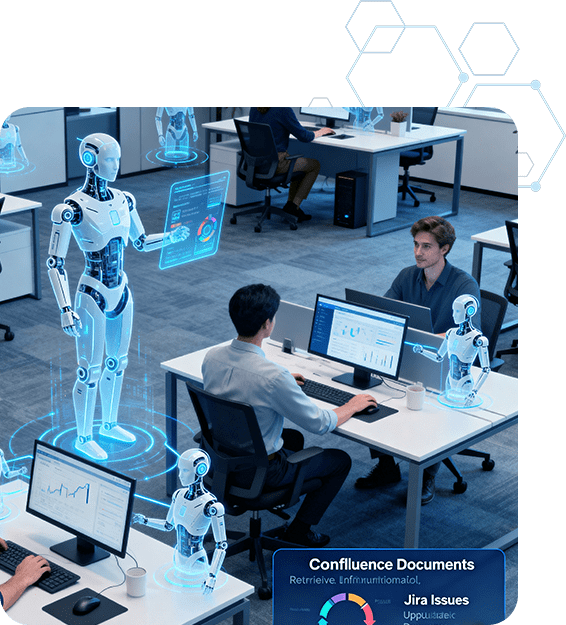 AI agents working alongside human teams in an office environment, representing Rovo Agents as AI teammates that automate workflows, assist collaboration, and take action across Atlassian tools like Jira and Confluence.
