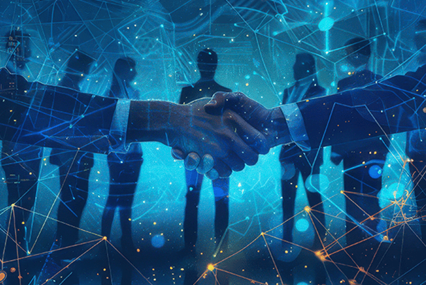 Business partnership and collaboration concept representing Rovo as an AI-powered enterprise knowledge platform.