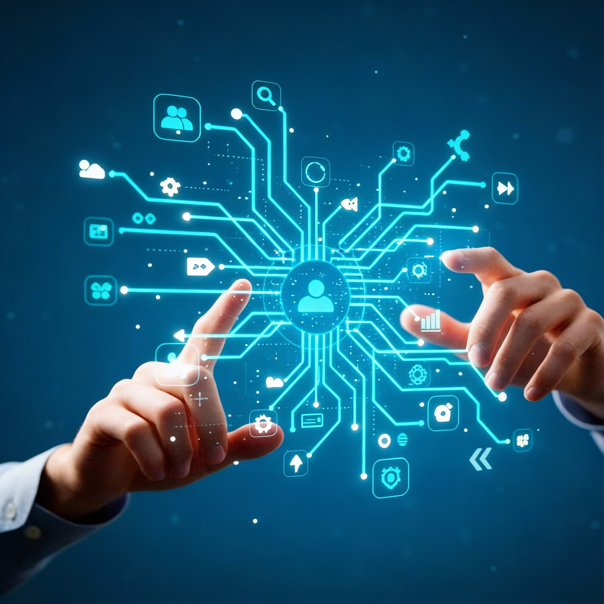 Hands interacting with a connected digital service system.