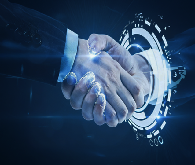 Business handshake with digital interface elements symbolizing trust, expertise, and strategic AI-driven partnership with Padah Solutions.